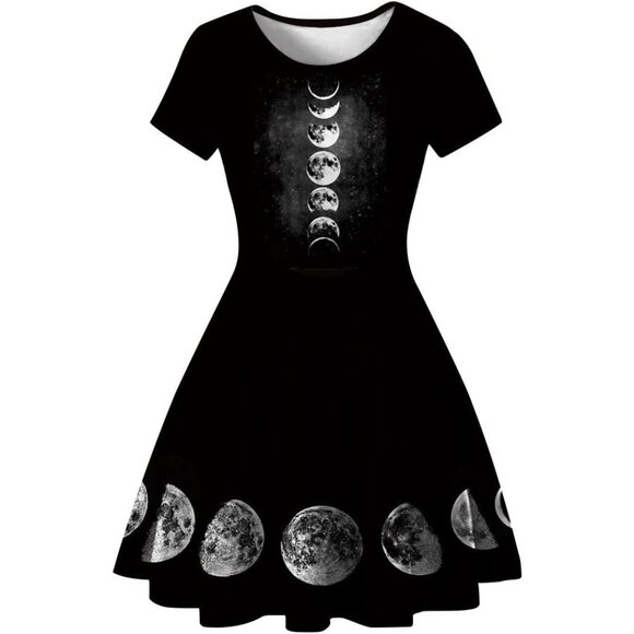 Women's 3D Moon Print Short Sleeve Casual Flared Swing Black Midi Dress - Picture 2 of 6
